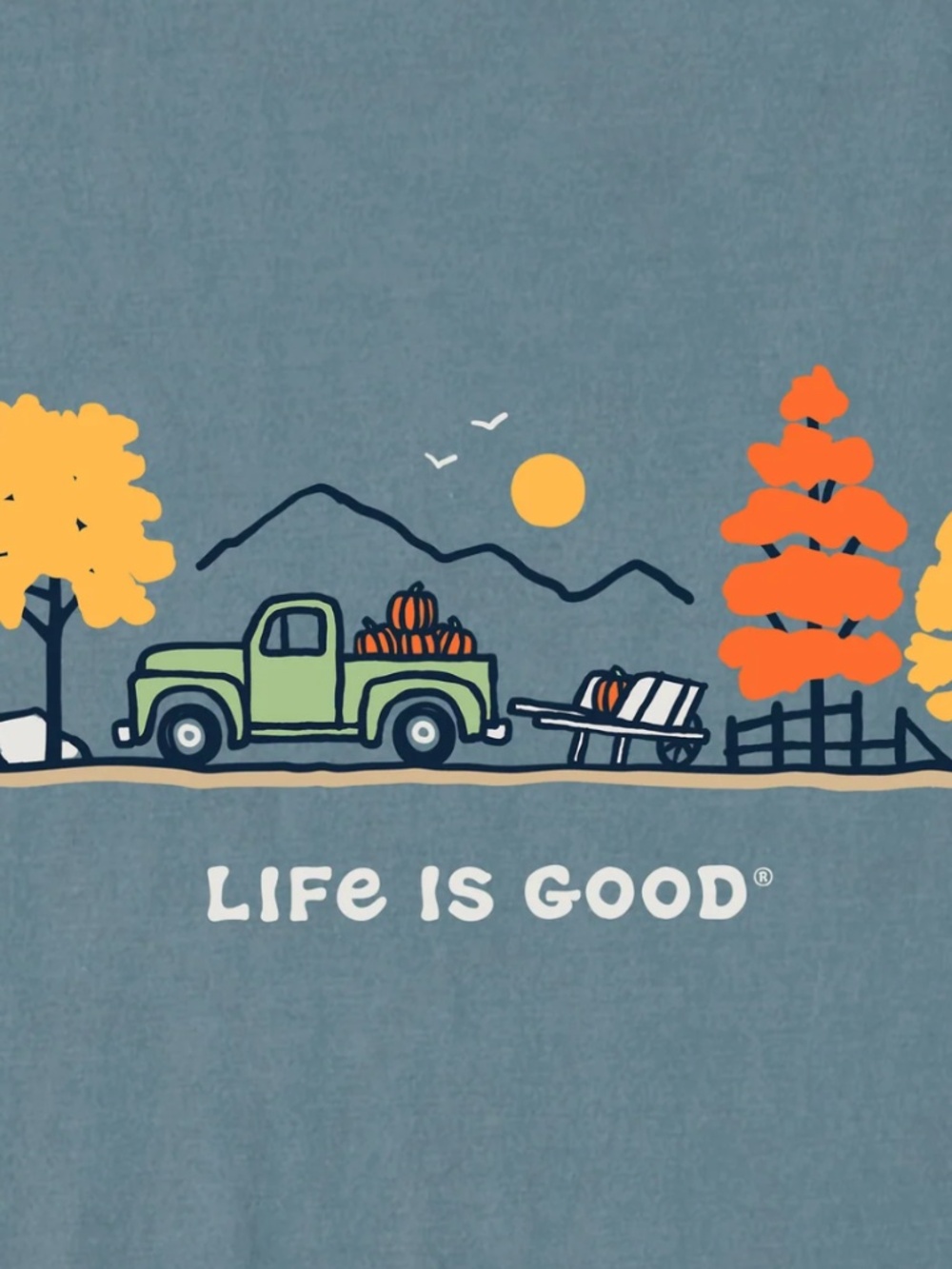 Life Is Good Blue Long Sleeve Tee with Pumpkin Pickup Fall Scene